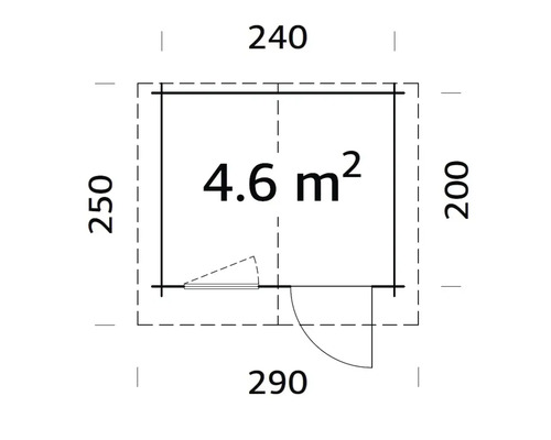 Grundrisszeichnung eines Gartenhauses mit den Maßen 240 mal 250 mal 200 mal 290 Zentimeter und einer Fläche von 4.6 Quadratmetern