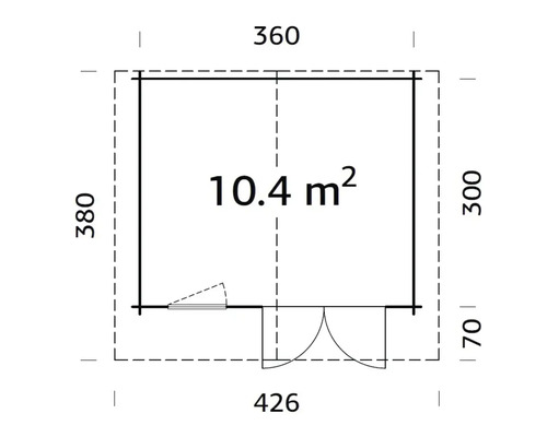 Grundrisszeichnung mit Maßangaben für ein Gartenhaus, Fläche 10.4 Quadratmeter