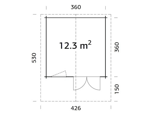 Grundrisszeichnung eines Gartenhauses mit Maßangaben