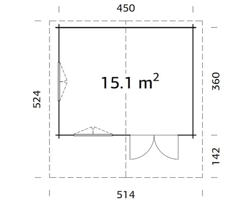 Grundrisszeichnung eines Gartenhauses mit Maßangaben und einer Fläche von 15.1 Quadratmetern.