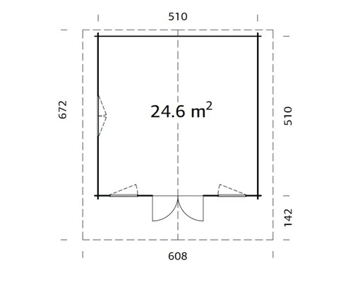 Grundrisszeichnung eines Gartenhauses mit den Maßen 608 x 672 cm und einer Fläche von 24,6 Quadratmetern.