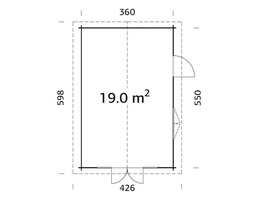 Grundriss eines Gartenhauses mit den Maßen 360 mal 598 Zentimeter und einer Fläche von 19 Quadratmetern
