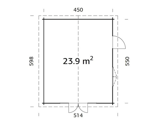 Grundrisszeichnung eines Gartenhauses mit den Maßen 450 x 598 x 514 x 550 cm und einer Fläche von 23,9 m²