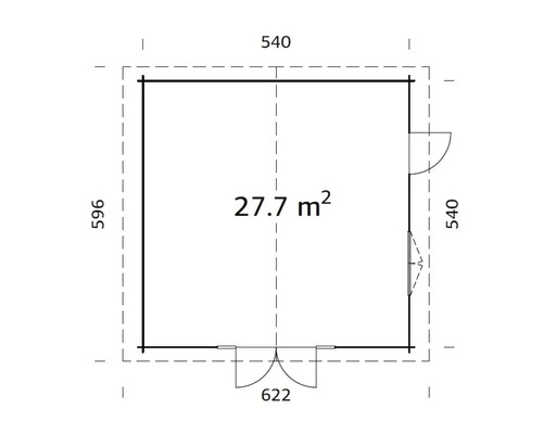 Grundriss eines Gartenhauses mit den Maßen 540 x 596 cm und einer Fläche von 27,7 Quadratmetern.