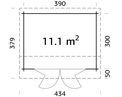 Grundrisszeichnung mit den Maßen 390 x 379 x 434 Zentimeter, Fläche 11.1 Quadratmeter