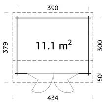 Grundrisszeichnung eines Gartenhauses mit Maßangaben