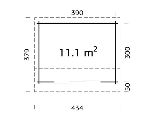 Grundrisszeichnung mit den Maßen 434 mal 379 Zentimeter und einer Fläche von 11,1 Quadratmetern