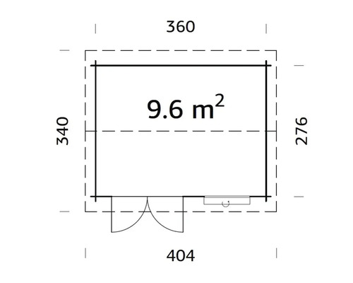 Grundrisszeichnung eines Gartenhauses mit den Maßen 360 mal 340 mal 404 mal 276 und einer Fläche von 9,6 Quadratmetern