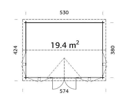Grundrisszeichnung eines Gartenhauses mit den Maßen 424 mal 530 Zentimeter und einer Fläche von 19,4 Quadratmetern