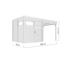 Illustration eines Gartenhauses mit einer Tiefe von 234 Zentimetern, einer Breite von 449 Zentimetern und einer Höhe von 232 Zentimetern.