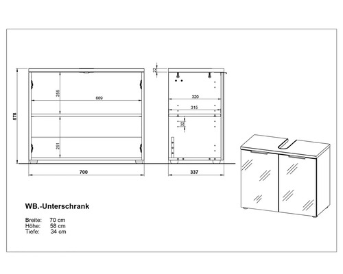 Technische Zeichnung eines Waschtischunterschranks mit Maßangaben