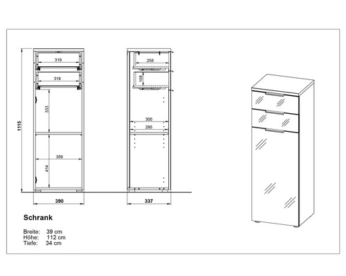 Technische Zeichnung eines Schranks mit Abmessungen