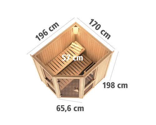 Ecksauna mit den Maßen 196 cm mal 170 cm mal 198 cm mal 65,6 cm, Innenansicht mit Bänken