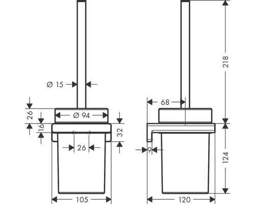 Technische Zeichnung eines WC-Bürstenhalters mit Maßangaben
