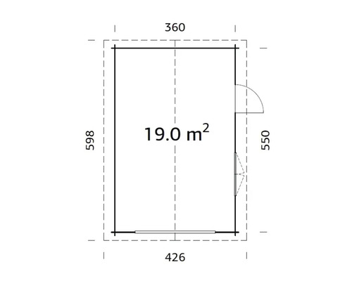 Grundriss eines Gartenhauses mit den Maßen 360 mal 426 mal 598 Zentimeter und einer Fläche von 19 Quadratmetern