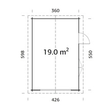 Grundriss eines Gartenhauses mit den Maßen 360 x 426 x 598 cm und einer Fläche von 19 Quadratmetern