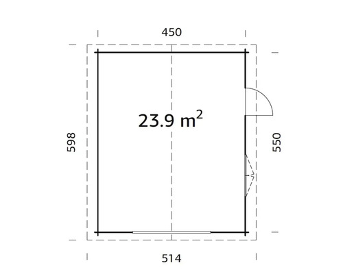Grundrisszeichnung eines Gartenhauses mit den Maßen 598 x 514 x 450 x 550 und einer Fläche von 23,9 Quadratmetern.