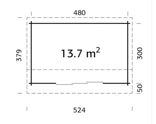 Grundriss mit Maßangaben 524 x 379 cm, Fläche 13,7 m²