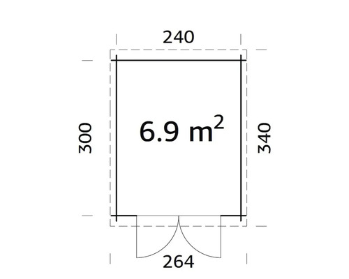 Grundriss mit Abmessungen: 240 x 300 x 340 cm, Türbreite 264 cm, Fläche 6,9 Quadratmeter