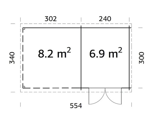Grundriss eines Gartenhauses mit Flächenangaben und Maßlinien