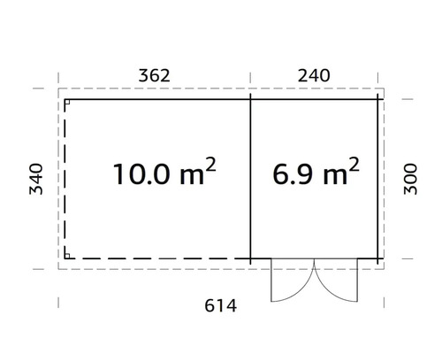 Grundrisszeichnung mit Maßangaben eines Gartenhauses
