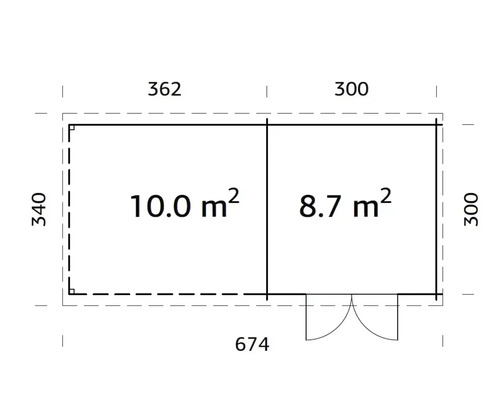 Grundrisszeichnung eines Gartenhauses mit den Maßen 674 mal 340 Zentimeter.