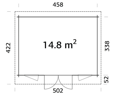 Grundrisszeichnung mit Maßangaben zu einem Gebäude von 458 mal 422 Zentimeter und einer Fläche von 14.8 Quadratmetern