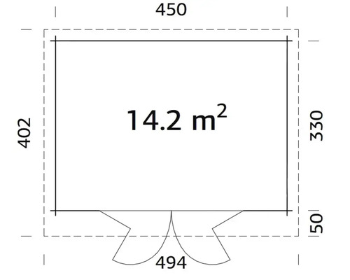 Grundriss mit Maßangaben und einer Fläche von 14,2 Quadratmetern