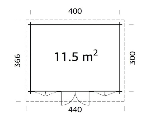 Grundrisszeichnung mit Maßangaben für ein Gartenhaus mit einer Fläche von 11,5 Quadratmetern