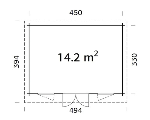 Grundrisszeichnung eines Gartenhauses mit Maßangaben
