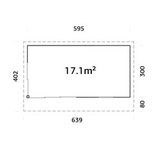 Grundriss mit den Maßen 595 mal 402 Zentimeter und 639 mal 300 plus 80 Zentimeter, Fläche 17,1 Quadratmeter