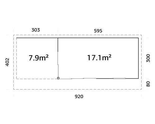 Grundrisszeichnung eines Gartenhauses mit den Maßen 303 x 402 und 595 x 300 mit den jeweiligen Flächenangaben 7,9 und 17,1 Quadratmeter.