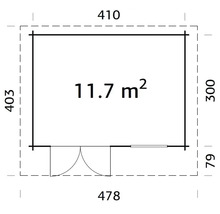 Grundrisszeichnung eines Gartenhauses mit Maßangaben.