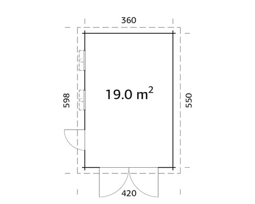 Grundrisszeichnung eines Gartenhauses mit den Maßen 360 x 598 x 550 x 420 und einer Fläche von 19 Quadratmetern