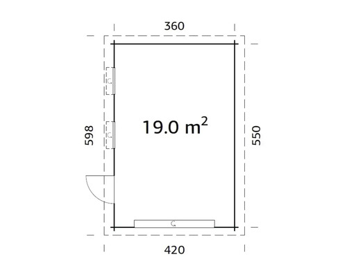 Grundriss mit Abmessungen und einer Fläche von 19 Quadratmetern