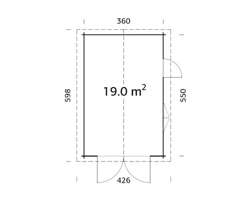 Grundrisszeichnung eines Gartenhauses mit einer Fläche von 19 Quadratmetern und Maßangaben
