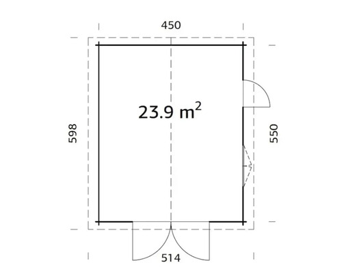 Grundrisszeichnung eines Gartenhauses mit den Maßen 450 mal 598 Zentimeter und einer Fläche von 23,9 Quadratmetern.