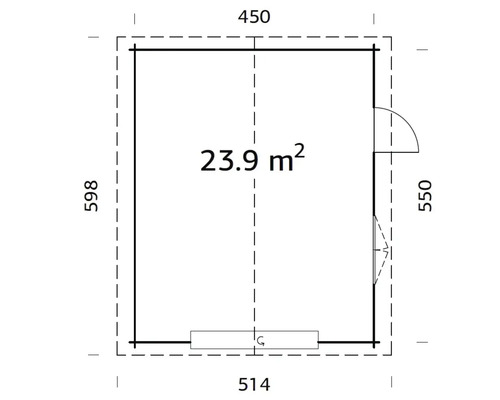 Grundriss eines Gartenhauses mit Maßangaben und einer Fläche von 23,9 Quadratmetern