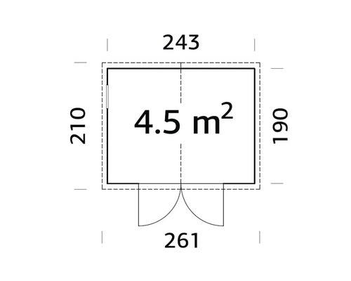 Grundrisszeichnung mit den Maßen 210 mal 243 Zentimeter und einer Fläche von 4,5 Quadratmetern