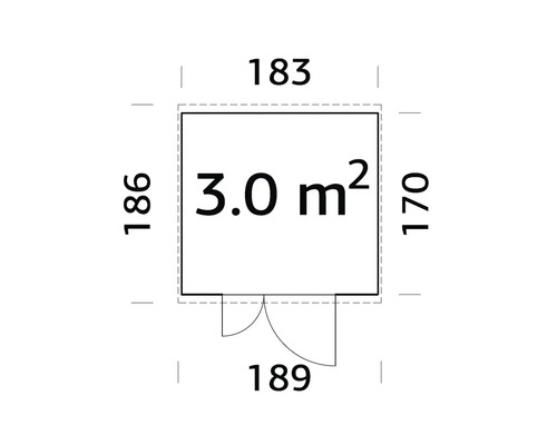 Grundriss mit Flächenangabe 3.0 Quadratmeter und Maßangaben in Zentimeter