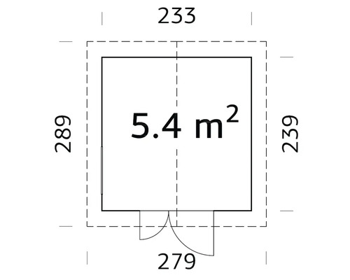 Grundriss eines Gartenhauses mit einer Fläche von 5.4 Quadratmetern und den Maßen 233 mal 289 Zentimeter.