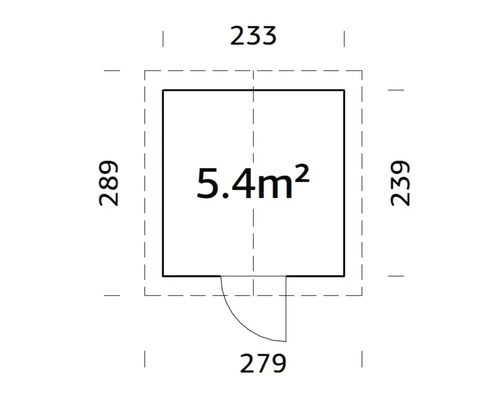 Grundriss eines Gartenhauses mit den Maßen 233 mal 289 Zentimeter und einer Fläche von 5,4 Quadratmetern.
