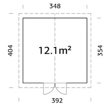 Grundriss mit Abmessungen: 348 mal 404 Zentimeter, Fläche 12,1 Quadratmeter