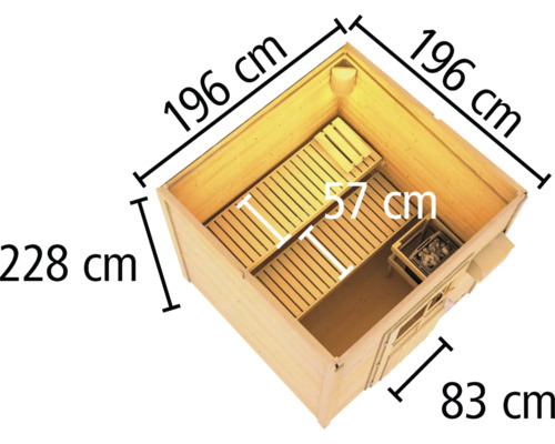 Illustration einer Sauna mit Maßangaben in Zentimetern