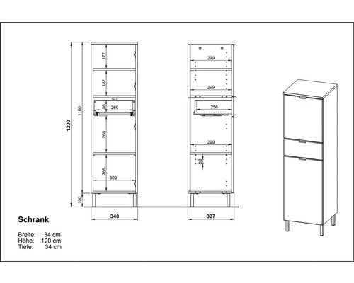 Technische Zeichnung eines Schranks mit Maßangaben