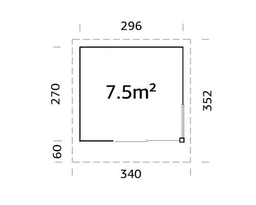 Grundriss mit Maßangaben: 296 x 340 x 270 x 352 cm, Fläche 7.5 m²