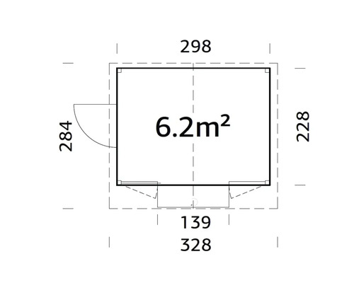 Grundrisszeichnung eines Gartenhauses mit Tür und Fenster sowie Maßangaben.