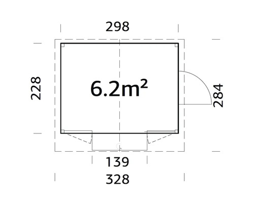Grundriss mit Flächenangabe 6.2 Quadratmeter, Breitenangabe 298 Zentimeter, Tiefenangabe 228 Zentimeter und Türangabe 284 Zentimeter.