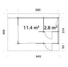 Grundrisszeichnung eines Gartenhauses mit Flächenangaben in Quadratmetern und Maßangaben in Zentimetern.