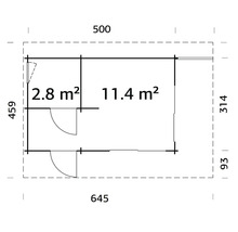 Grundrisszeichnung eines Gartenhauses mit Maßangaben zu Flächen und Abmessungen